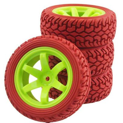 LAFEINA 75mm Rubber Tires and 6 Spokes Green Plastic Wheel Rims for 1/10 Scale HSP 94123 HPI Kyosho Tamiya RC On Road Car 1:16 Rally Car (Red)