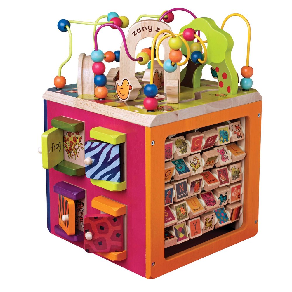 B.  Wooden Activity Cube  Activity Center with Alphabet  Educational Toys  Wooden Toys for Toddlers, Kids  1 Year +  Zany Zoo