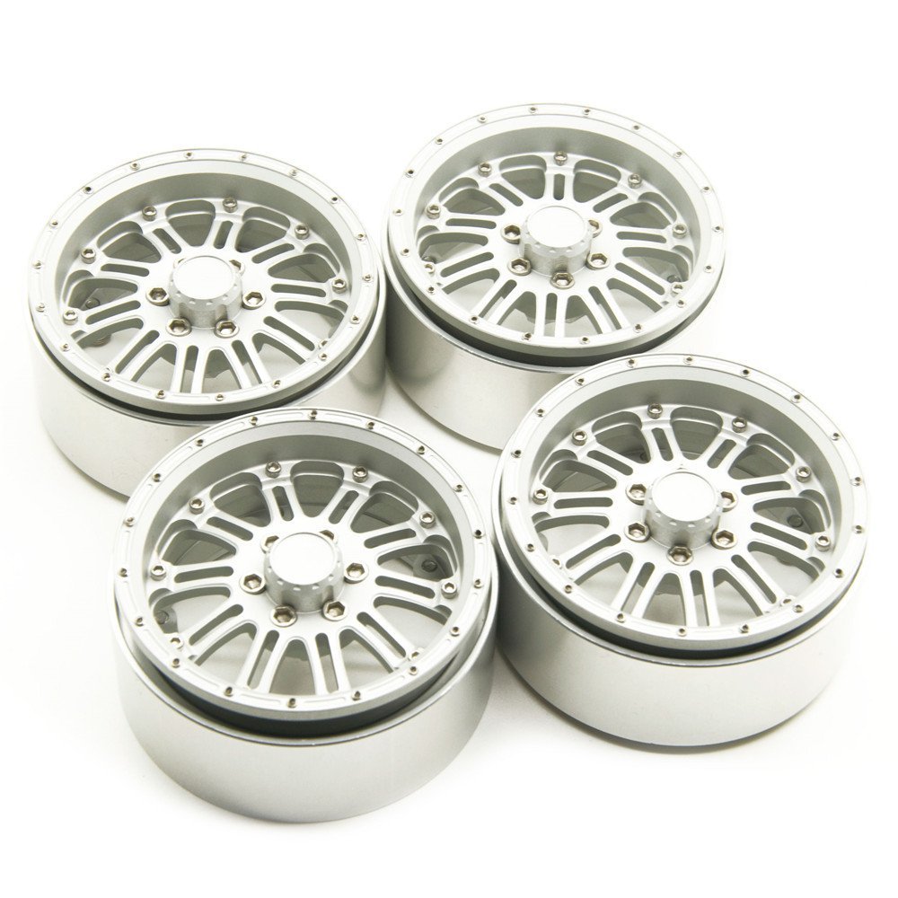4Pcs RC Crawler Car Beadlock 2.2" Aluminum Wheel Rims for 1/10 Wraith CC01 D90, Matte Silver