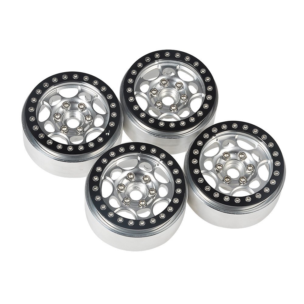 4 Pcs 1.9 Inch Beadlock Aluminum Crawler Wheels Rims Fit for 1/10 Axial SCX10 D90 Racing Car, Silver + Black