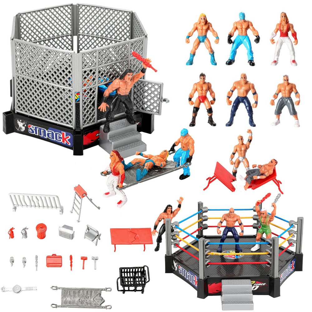 32Pcs Wrestling Toys for Kids, Wrestlers Playset with 12 Wrestling Action Figures, Wrestling Rings, Many Realistic Accessories, Toy Figures & Playset Gift for 2 3 4 5 6 Boys Girls, Cool Cake Toppers