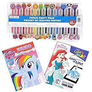 Colored Pencils for Kids Bundle | 24 Coloring Pencils for Kids | 24 Fun Erasers for Kids | 2 Kids Coloring Books for Girls - Disney Princess Color & Play and My Little Pony Jumbo Coloring Book