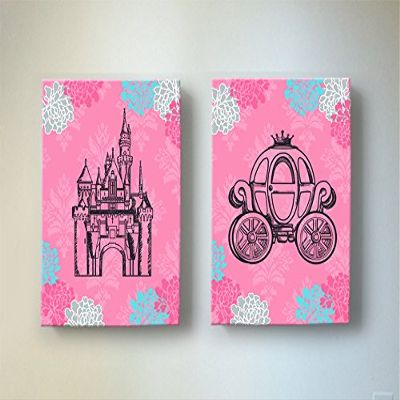 Girls Princess Nursery Canvas Wall Decor - Unique Castle & Vintage Carriage Floral Wall Art - Memorable Baby Shower Gifts for Newborns Bedrooms & Playrooms - Choose from Designer Colors & Sizes
