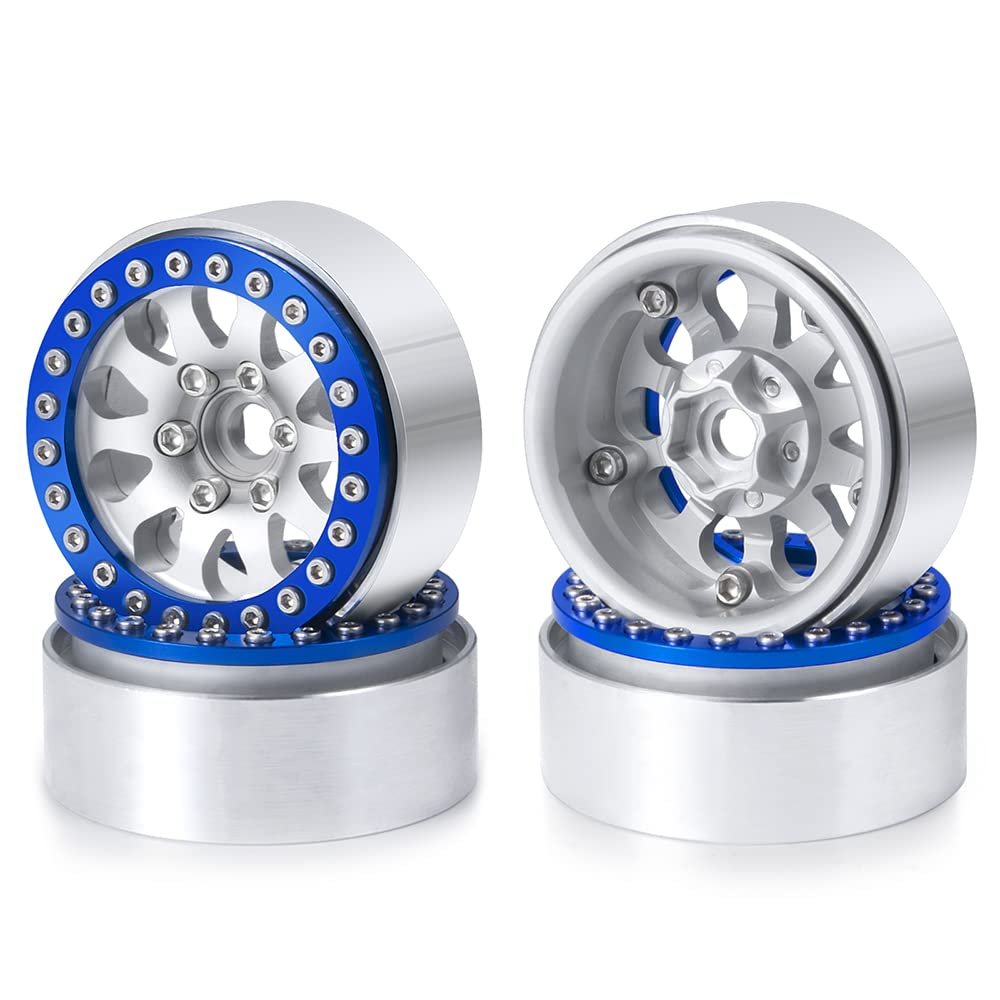 4Pcs Alloy Metal 1.9" Beadlock Wheels Rims for 1/10 RC SCX10 CC01 D90 90034 Crawler Car, Silver+Blue