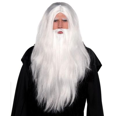 Amscan Sorcerer White Wig Pack of 3 Includes Wig, Beard and Eyebrows Perfect for Halloween and Cosplay Costumes