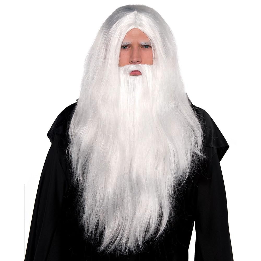 Amscan Sorcerer White Wig Pack of 3 Includes Wig, Beard and Eyebrows Perfect for Halloween and Cosplay Costumes