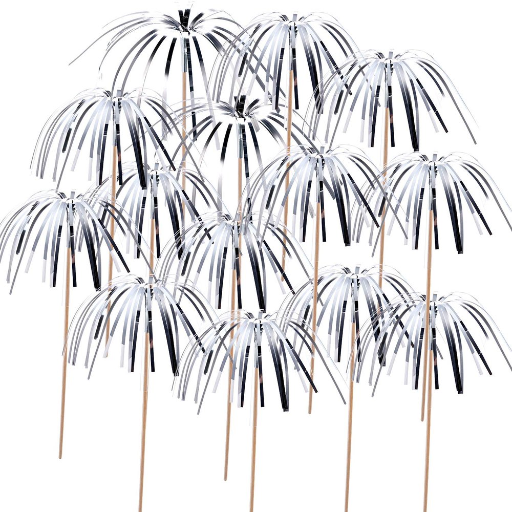 100 Pieces Firework Cupcake Toppers Graduation Foil Frill Toothpicks Holiday Cake Decorations 9 Inch Shape Food Picks for Halloween Party Favors Supplies (Silver)