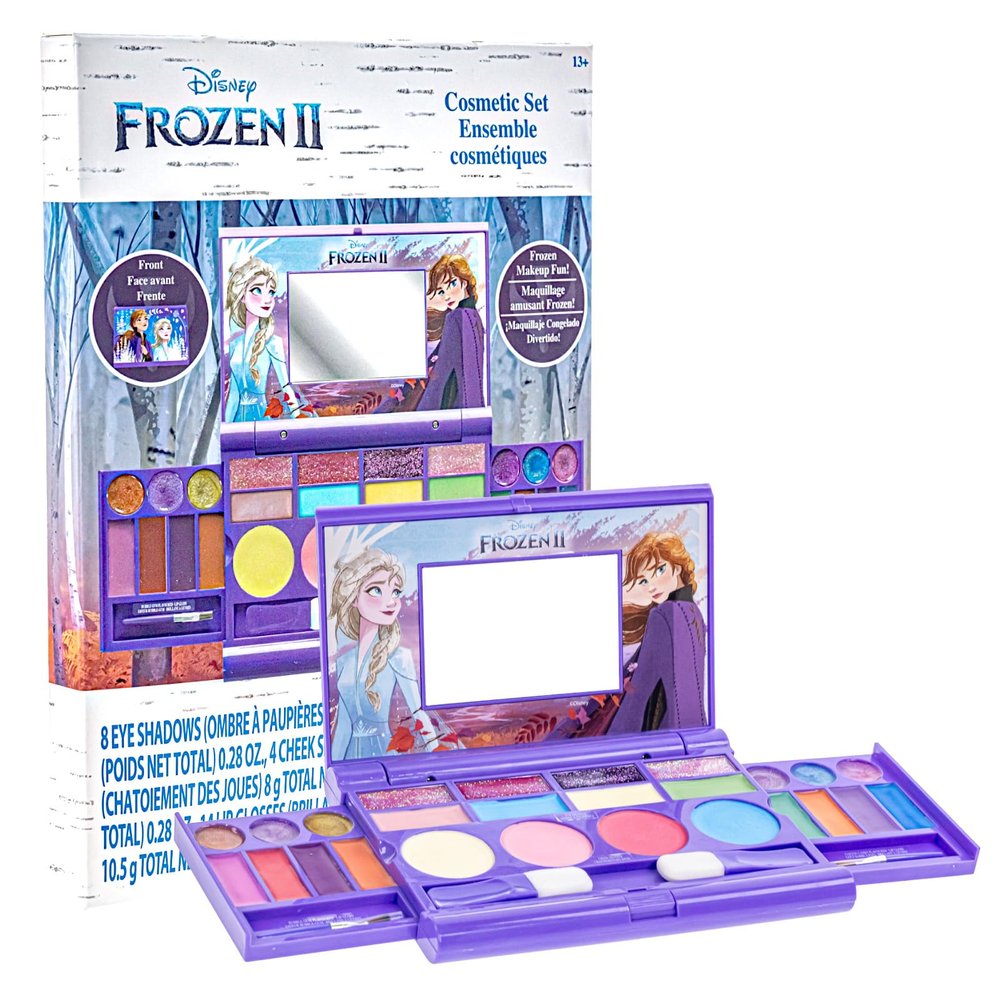Disney Frozen All-in-One Kids Cosmetic Compact Set Includes Washable Lip Gloss, Eye Shimmer, Cheek Shimmer, Brushes Colorful Portable Beauty Set for teens Ages 13+ by Townley Girl