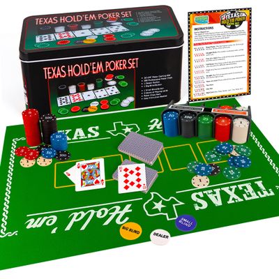 Gamie Texas Holdem Poker Game Set - Includes Holdem Mat, 2 Card Decks, Chips, Chip Holder and Tin Storage Box - Fun Game Night Supplies - Cool Casino Gift for Kids & Adults