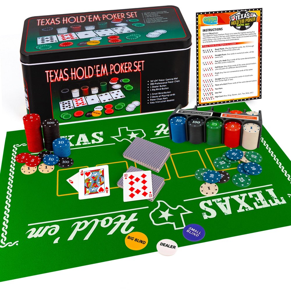 Gamie Texas Holdem Poker Game Set - Includes Holdem Mat, 2 Card Decks, Chips, Chip Holder and Tin Storage Box - Fun Game Night Supplies - Cool Casino Gift for Kids & Adults