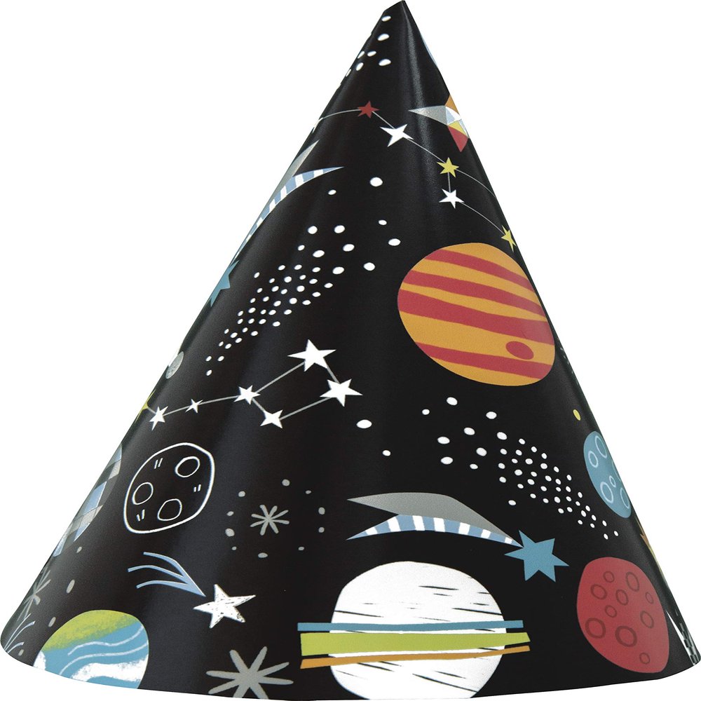 Outer Space Party Black Cone Hats - Pack of 8 - Durable & Eye-Catching Design for Kids & Adults Birthdays and Celebrations