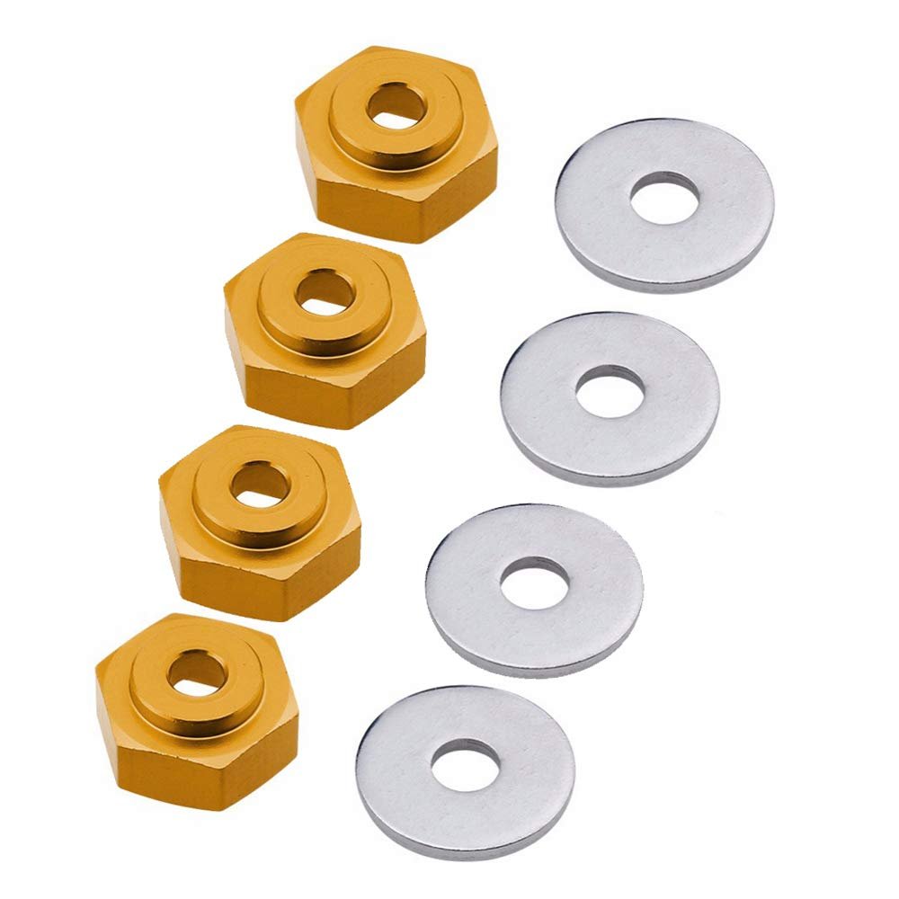 LAFEINA 4PCS Aluminum Alloy 12mm Turn to 17mm Wheel Rim Hex Adapter for 1/10 RC On Road Car Buggy Truck Can Use 1/8 Tires(Gold)