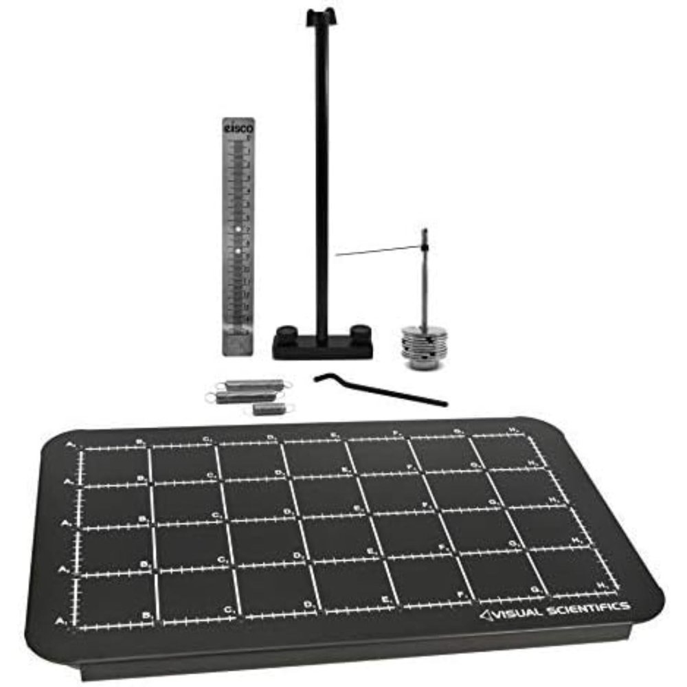 EISCO Hooke's Law Kit - Experiment Components & Base - Useful in Studying Force, Extension & Elasticity - Springs, Masses, Aluminum Rod, Ruler & Support Rod & Magnetic Base - Visual Scientifics