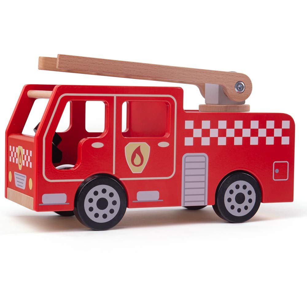 Bigjigs Toys City Wooden Fire Engine - Toy Fire Engine with Swivel Ladder, Kids Emergency Toy Vehicle for Ages 3 Years +, Quality Toys for Pretend Play