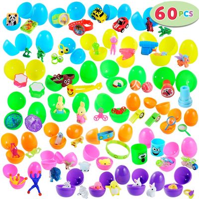 JOYIN 60 Toys Filled Easter Eggs, 2.5 Bright Prefilled Plastic Easter Eggs with 30 Kinds of Popular Toys for Hunt, Basket Stuffers/Fillers, Classroom Prize Supplies
