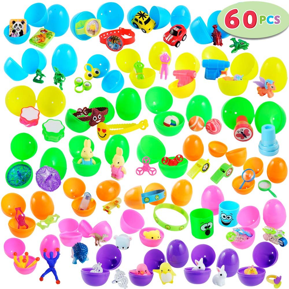 JOYIN 60 Toys Filled Easter Eggs, 2.5 Bright Prefilled Plastic Easter Eggs with 30 Kinds of Popular Toys for Hunt, Basket Stuffers/Fillers, Classroom Prize Supplies