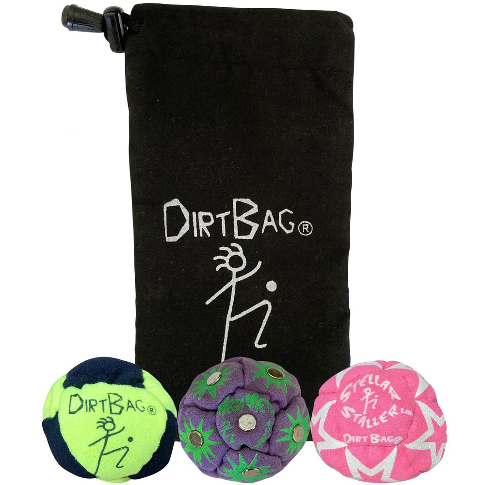 DIRTBAG All Star Footbag 3 Pack with Pouch, 100% Handmade, Premium Quality, Bright Vivid Colors, Signature Carry Bag - Fluorescent Yellow/Black