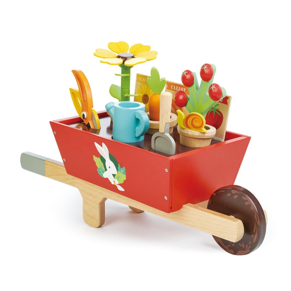 Tender Leaf Toys Garden Wheelbarrow Set Deluxe Wooden Gardening Toy with Tools & Accessories Supports Learning, Creativity & Outdoor Role Play Age 3+