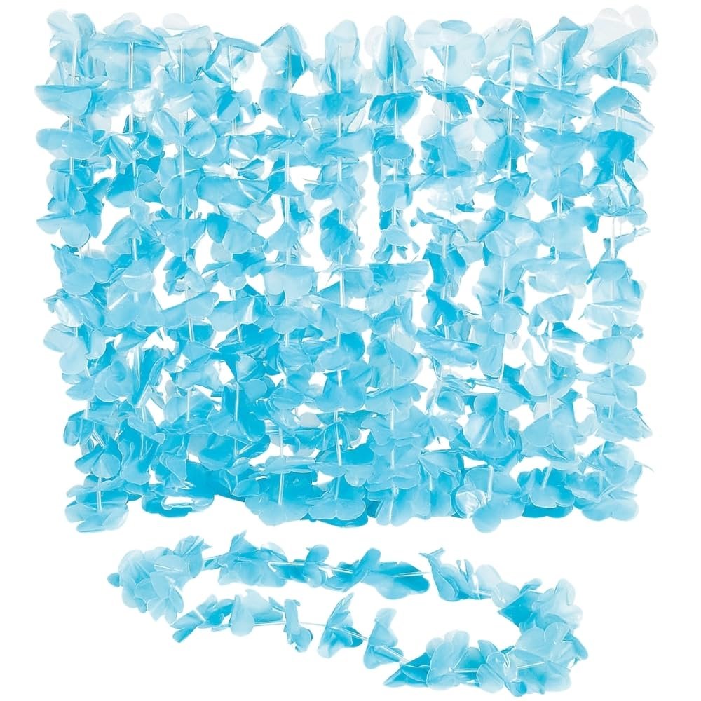 Fun Express Light Blue Lei Flower Necklaces - Set of 12 - Luau, Tiki, Destination Wedding Party Supplies
