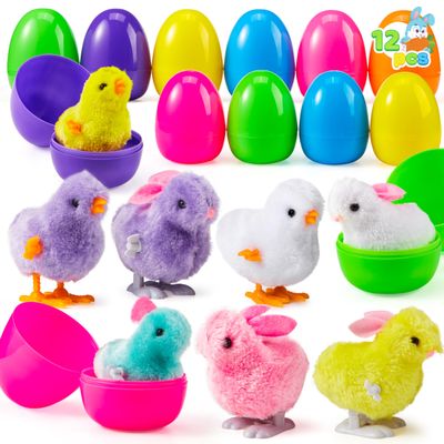 JOYIN 12 Pcs Easter Eggs Filled with Wind-up Toys, Colorful Egg with Wind-Up Jumping Chicks and Bunnies for Kids Easter Basket Stuffer, Party Favors, Classroom Prize
