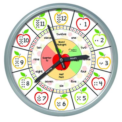 Educational Wall Clock - Silent Movement Time Teaching Clock for Teacher's Classrooms and Kid's Bedrooms (Silver/Multicolor Apple)