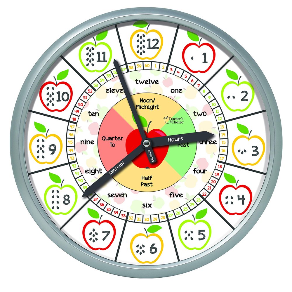 Educational Wall Clock - Silent Movement Time Teaching Clock for Teacher's Classrooms and Kid's Bedrooms (Silver/Multicolor Apple)