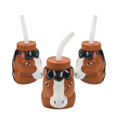 Fun Express Set of 8 Pieces Horse Shaped Cups with Lids & Straws, 4" Cups with 7.5" Straws, Holds 14 oz, BPA Free Plastic, Party Supplies and Favors for Kids, Multi-Color