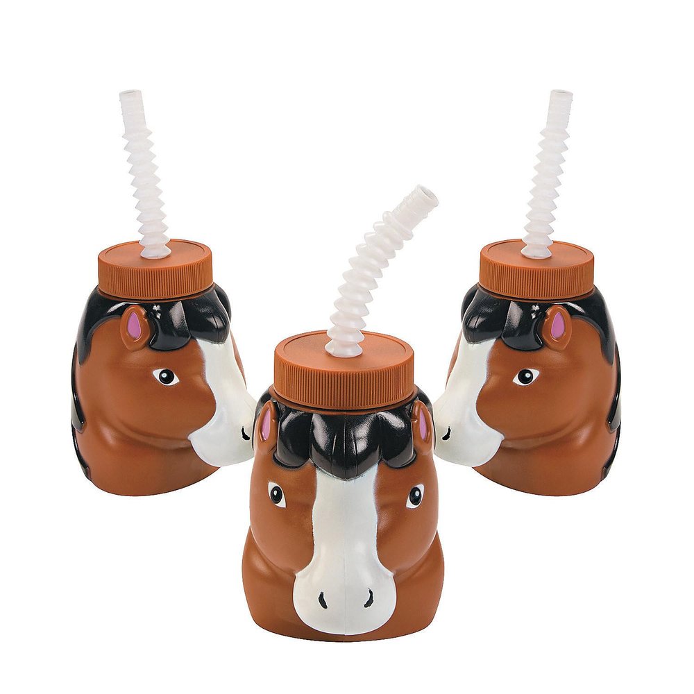 Fun Express Set of 8 Pieces Horse Shaped Cups with Lids & Straws, 4" Cups with 7.5" Straws, Holds 14 oz, BPA Free Plastic, Party Supplies and Favors for Kids, Multi-Color