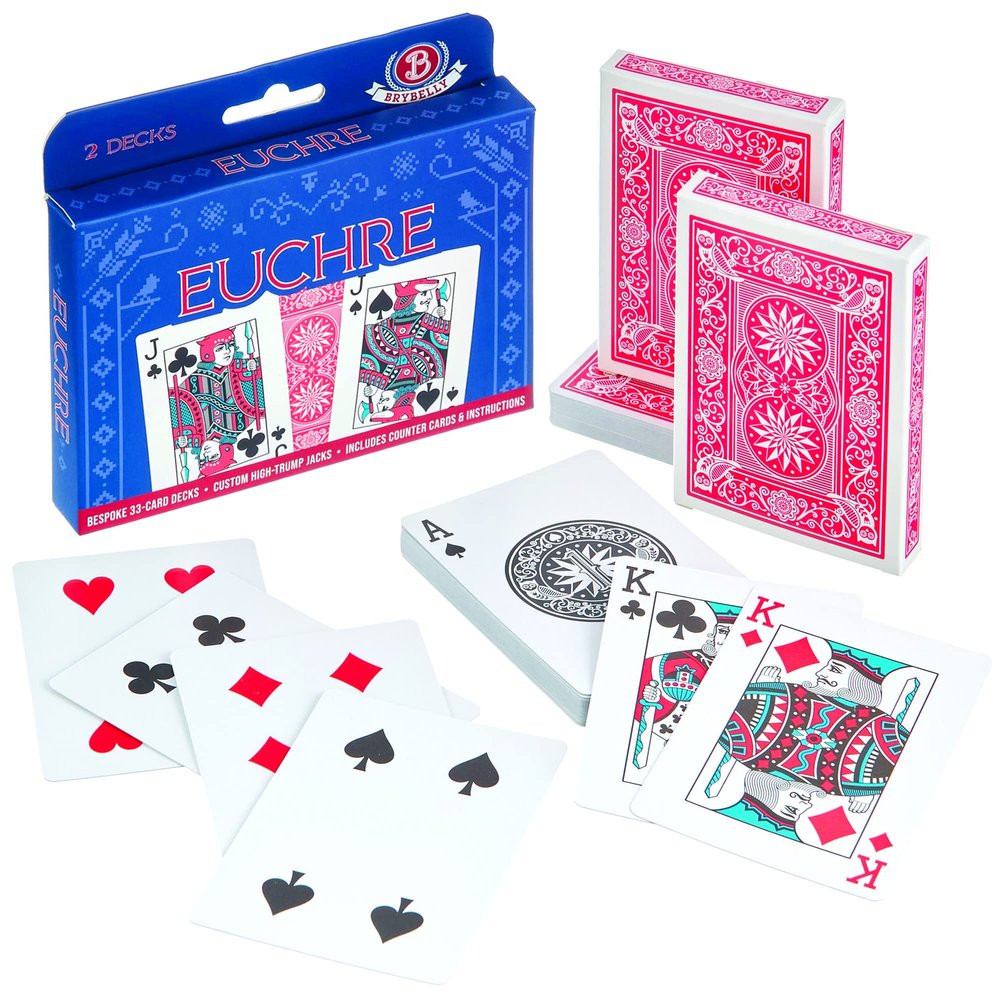 Brybelly Euchre Card Game - 2 Specialty Decks Pre-Stripped for Classic American Euchre or 6-Player Variant - Custom Bower Jacks & Blank Counter Cards Included