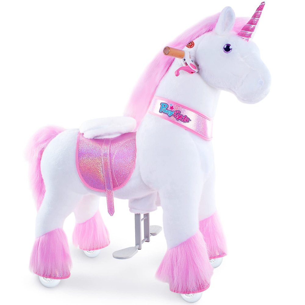 PonyCycle Official Classic U Series Ride on Horse Toy Plush Walking Animal Pink Unicorn Size 4 for Age 4-9 Ux402