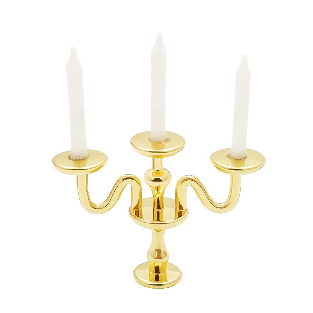 Odoria 1/12 Miniature Candlestick Candelabra with Candles Dollhouse Accessories, 3-arms Gold