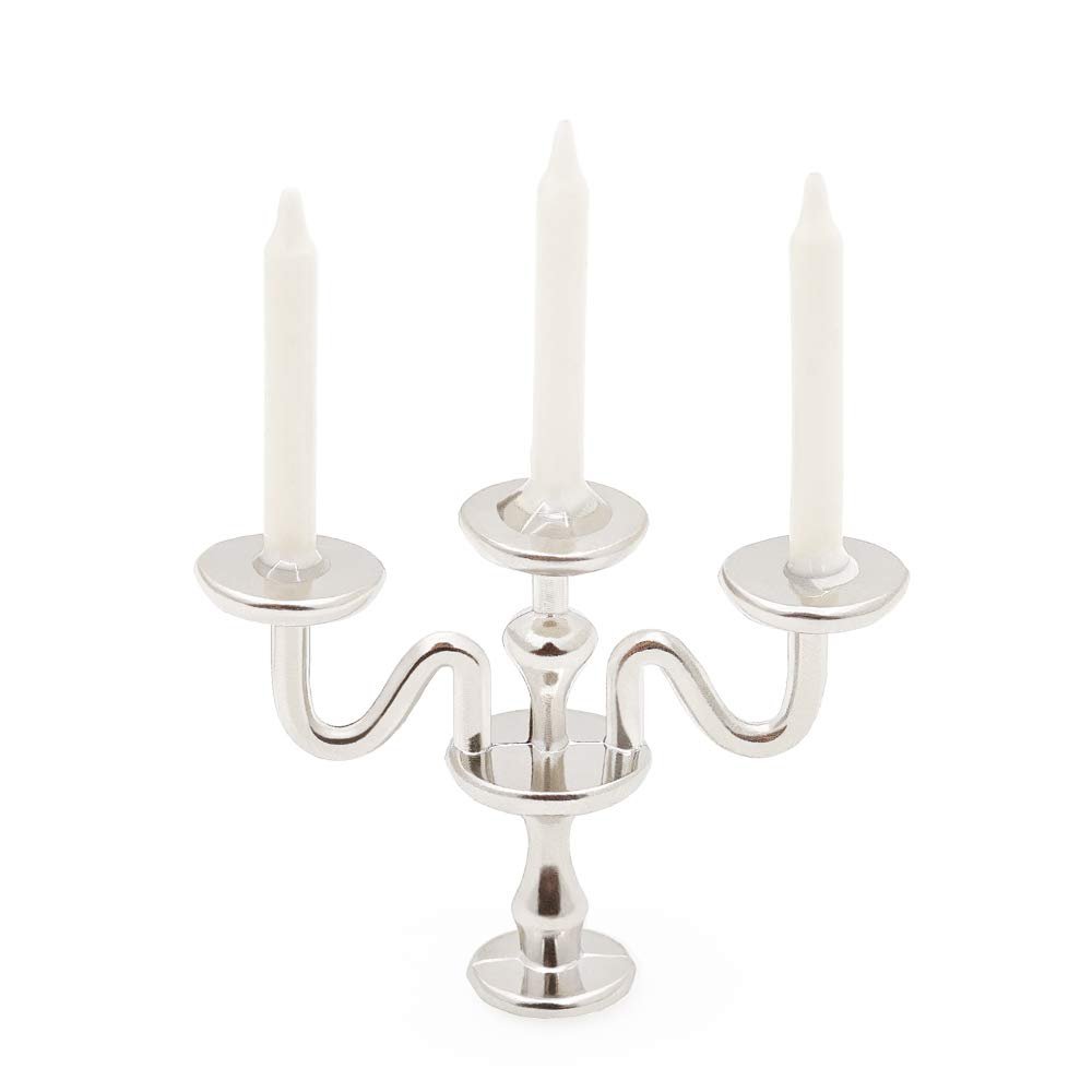 Odoria 1/12 Miniature Candlestick Candelabra with Candles Dollhouse Accessories, 3-arms Silver