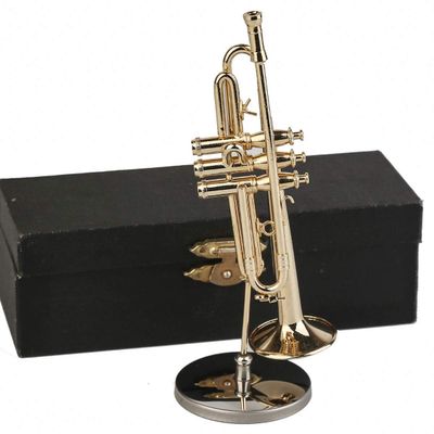 Dselvgvu Miniature Trumpet with Stand and Case Brass Mini Musical Instrument Trumpet Replica Collectible Figurines Dollhouse Accessories Model Home Decoration Display Ornament (4.65"x1.18")