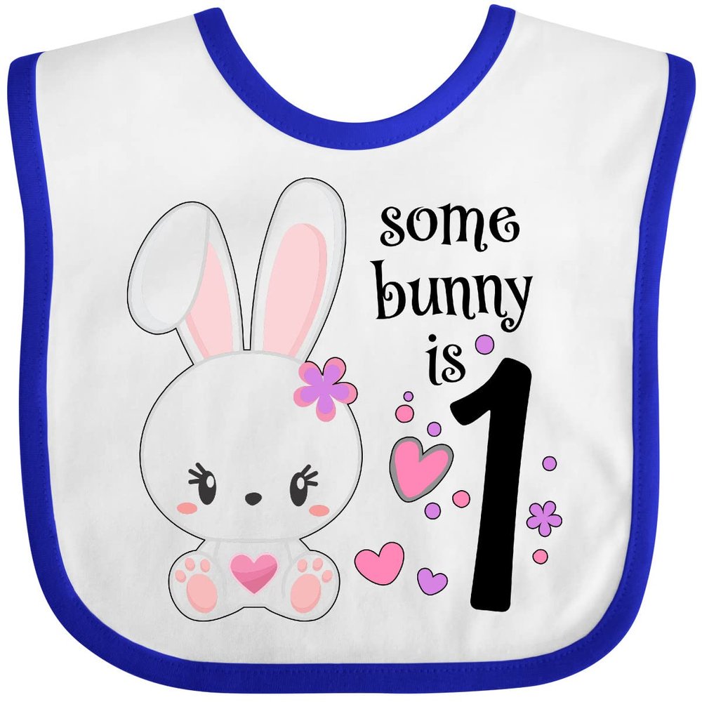 inktastic Somebunny Is One- First Birthday Bunny Baby Bib White and Royal 34331