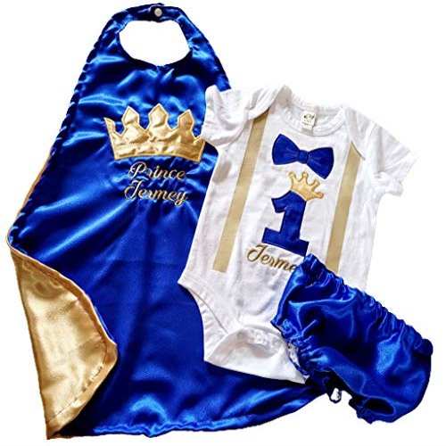 1st 2nd Birthday King or Prince Royal Blue Gold Crown Onesie Cape Blue Diaper Cover