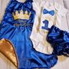 1st 2nd Birthday King or Prince Royal Blue Gold Crown Onesie Cape Blue Diaper Cover view 2