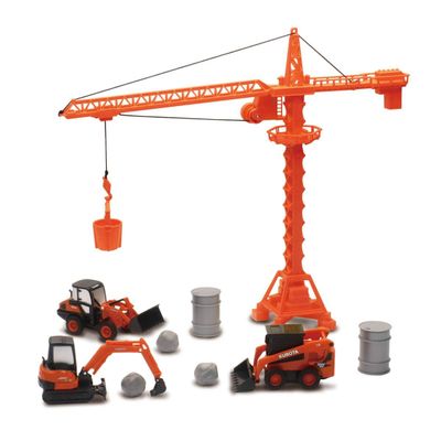 New-Ray Kubota Die-Cast Construction Vehicles Set, Plastic Engineering Toys Playset Includes Steer Loader, Mini Excavator, Wheel Loader, Oil Drums, Tower Crane & Boulders, for Kids