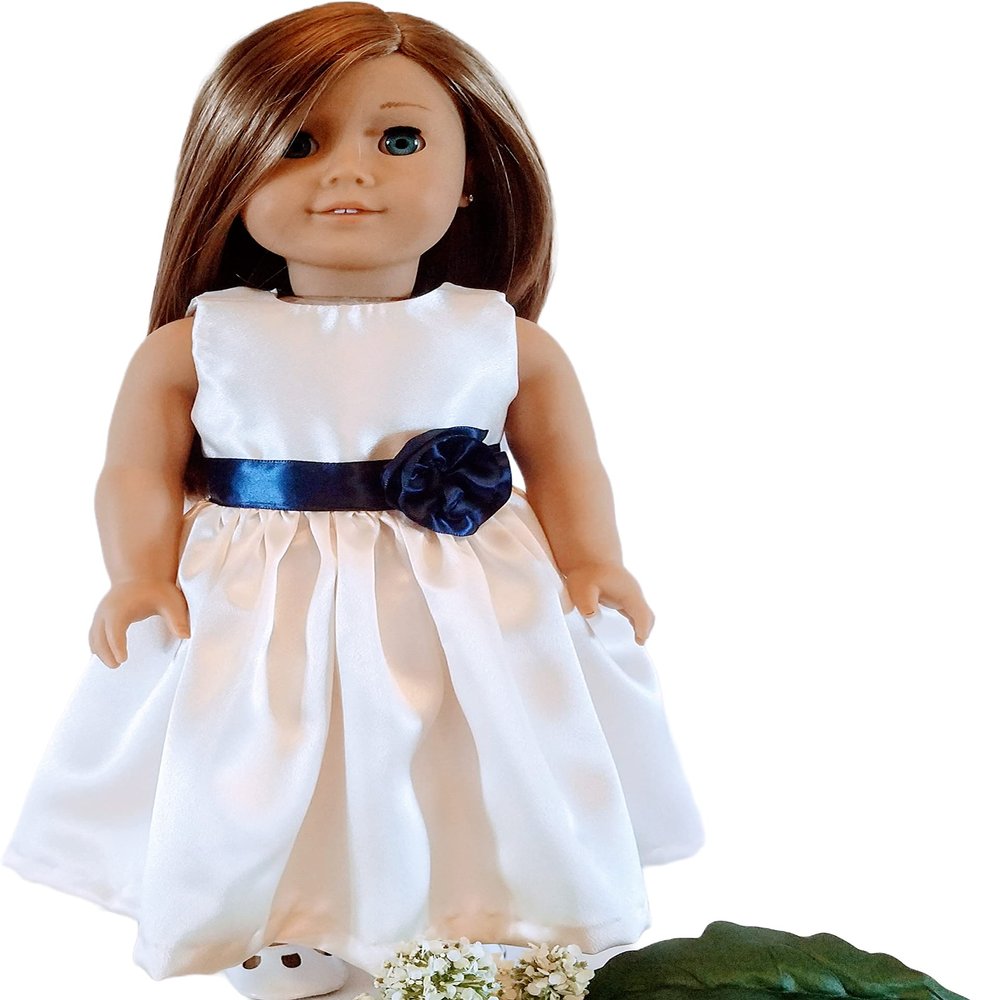 18" Doll Dress - Ivory and Navy Satin Handmade Doll Dress fits American Girl dolls