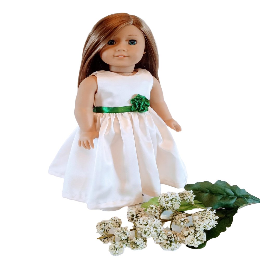 18" Doll Dress - Ivory and Green Satin Handmade Doll Dress fits American Girl dolls