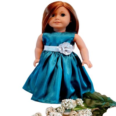18" Doll Dress - Teal Satin Handmade Doll Dress fits American Girl dolls
