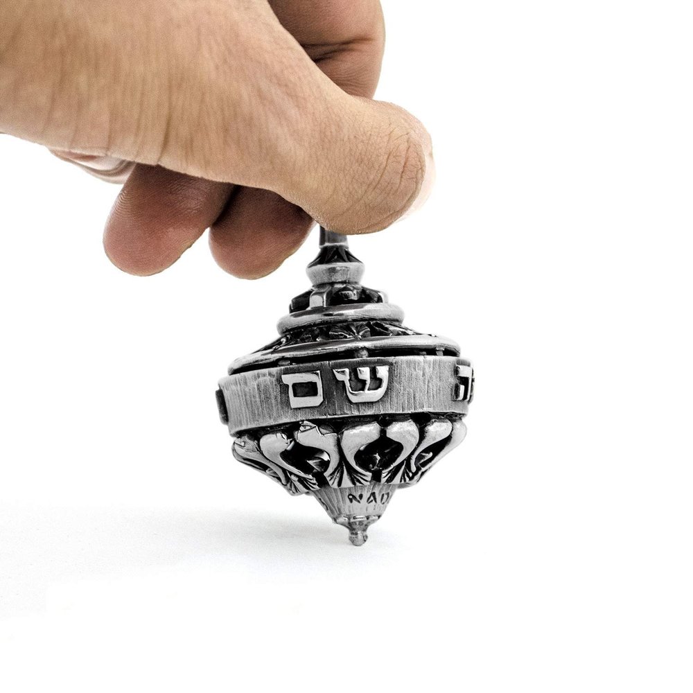 Large Sterling silver dreidel with Hebrew words a great miracle happened there Jewish Hanukkah gifts filigree design