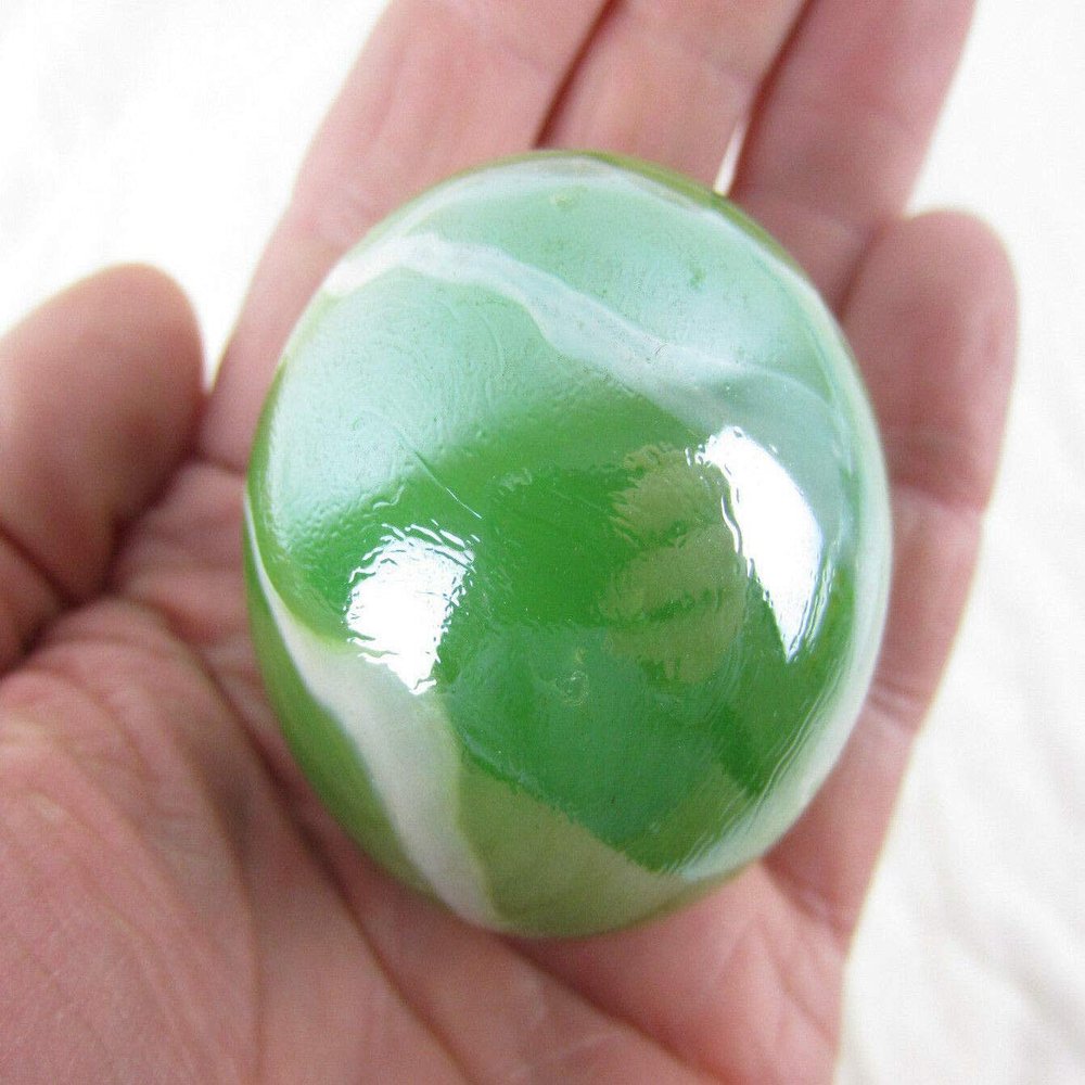 Big Game Toys~Large 50mm (2") Mossy Green Toe Breaker Marble w/Stand Green/White Glass Ball Huge Swirl