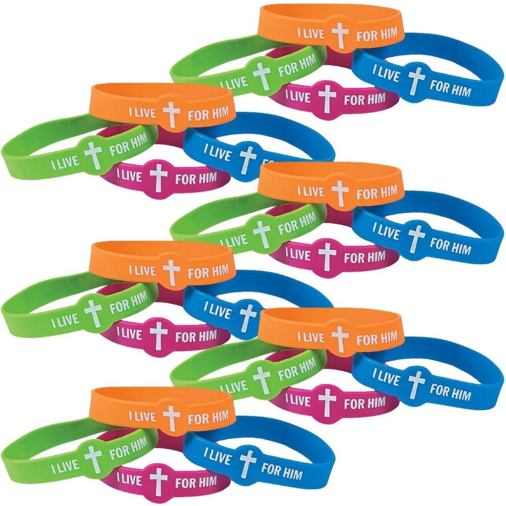 Fun Express I Live For Him Rubber Bracelets - Set of 24 - Easter, VBS, Sunday School and Religious Jewelry Party Favors