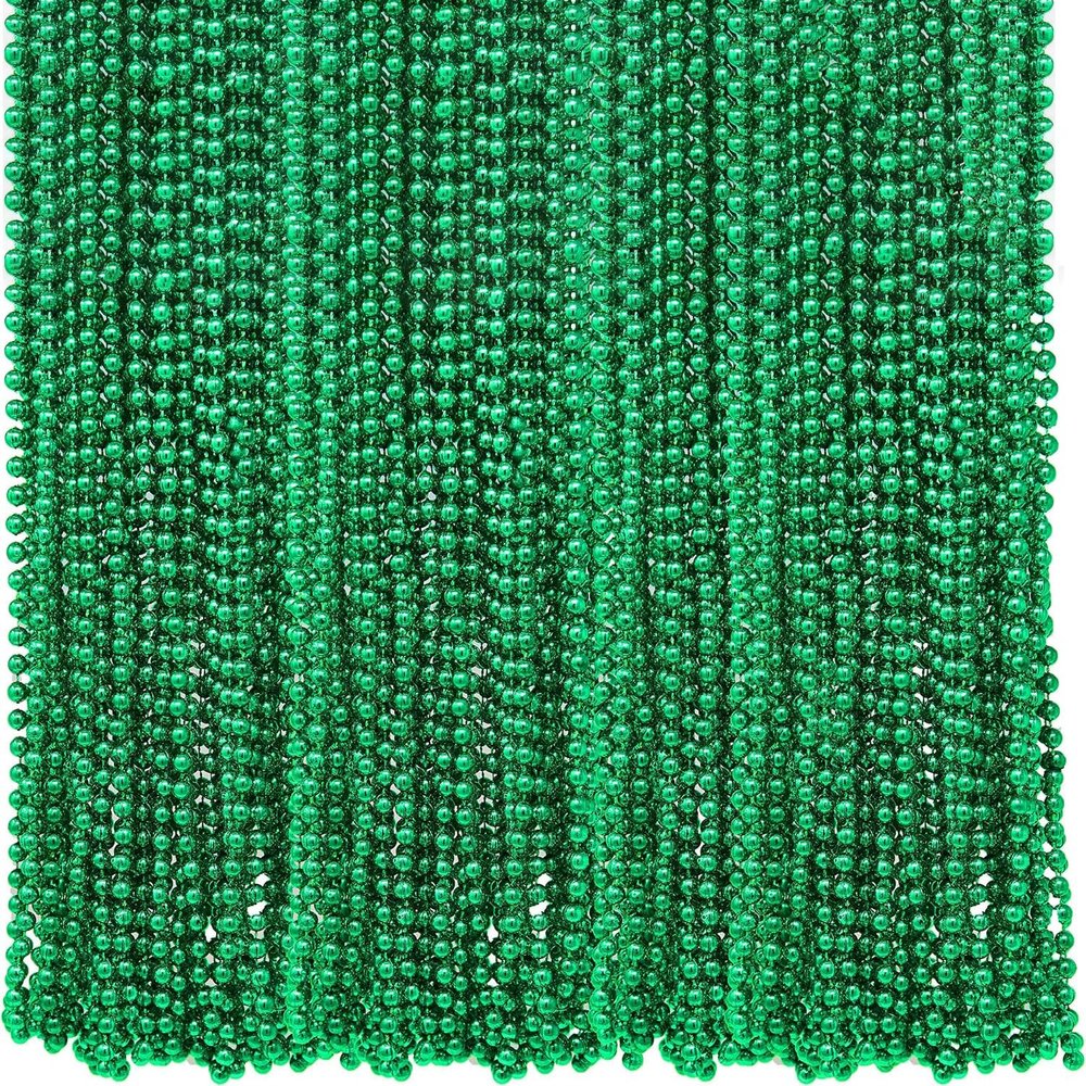 4E's Novelty St Patricks Day Beads Necklace Bulk (Pack of 72) Green Beads - Saint Pattys Gifts, 33 Inch 7mm Party Favor Supply, St Patricks Day Outfit Costume Dress UP Accessories Bulk Parade Throws