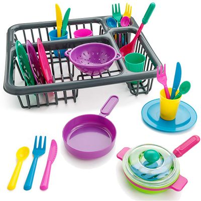 28 PCS Kids Pretend Play Dishes Kitchen Playset - Wash and Dry Dish Rack Toy with Drainer, Kitchen Tableware Sets for Toddlers