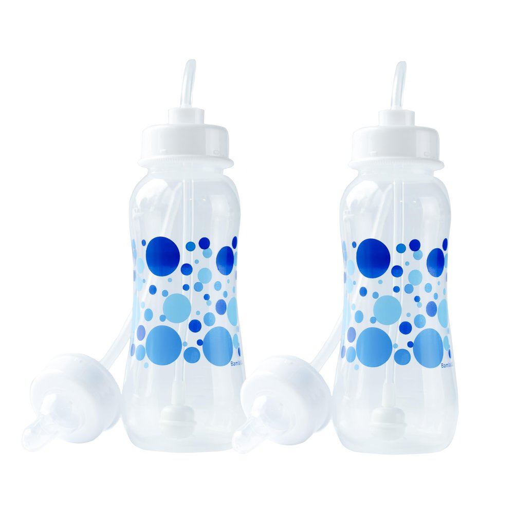 Hands-Free Baby Bottle - Anti-Colic Nursing System 9 oz Baby Bottle with Fast Flow Nipple/Teat 3m+ with Tube Straw Feeding System for Toddler (2 Bottles - Blue)