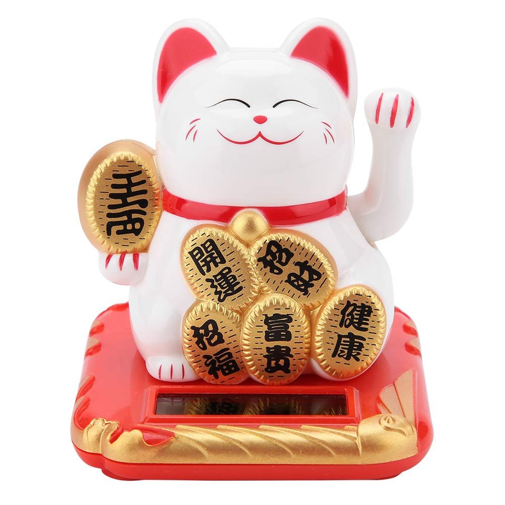 Solar Powered Waving Arm Fortune Cat, Welcoming Lucky Wealth Cat, Fengshui Decor for Home/Office/Car (White)