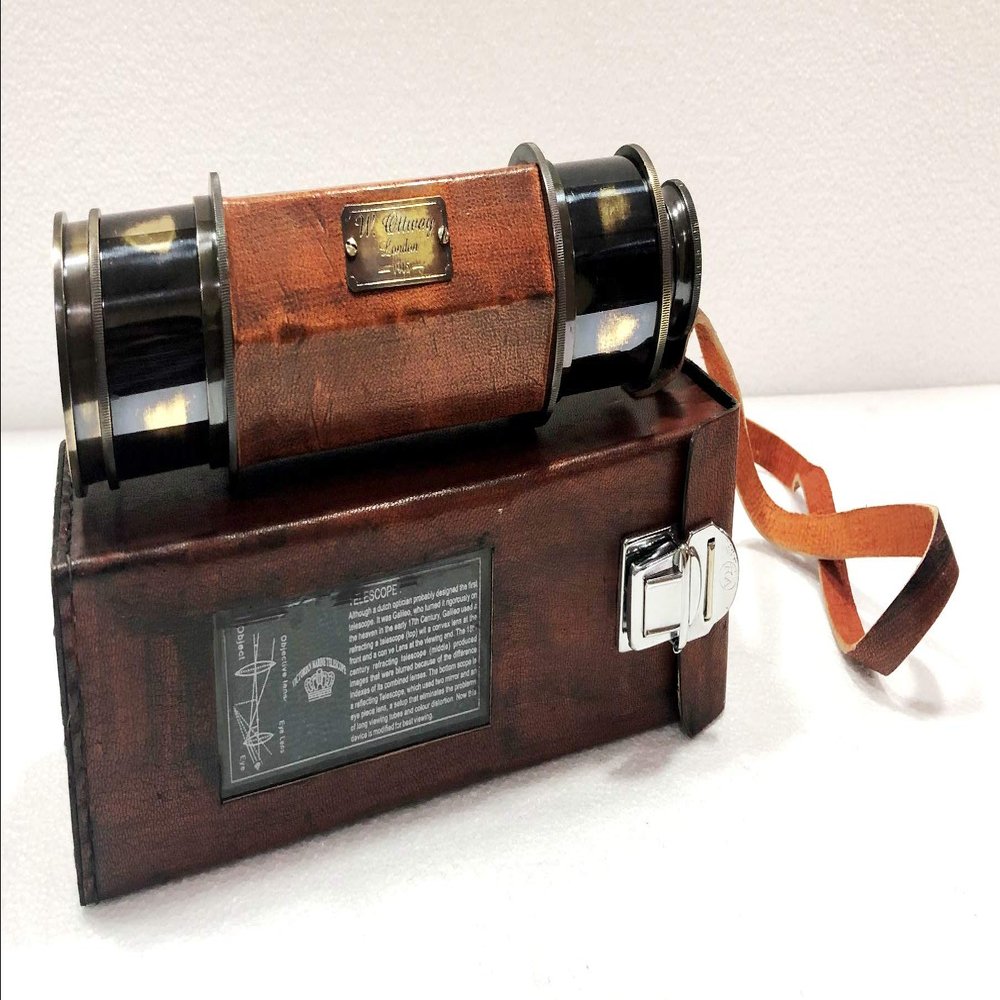 24" Antique Brown Solid Brass Hexagon Style Telescope Nautical Vintage Spyglass Leather Box