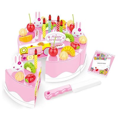 HenMerry 38 PCS DIY Cutting Birthday Party Cake Model Ornament Pretend Kitchen Food Set, DIY Fruit Cutting Kitchen Pink/Blue Cut Cake Gift (38PCS Pink)