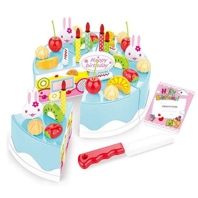 HenMerry 38 PCS DIY Cutting Birthday Party Cake Model Ornament Pretend Kitchen Food Set, DIY Fruit Cutting Kitchen Pink/Blue Cut Cake Gift (38PCS Blue)